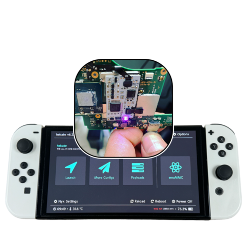 Nintendo Switch console with HWFLY/RP2040 modchip installed, showcasing professional installation service for enhanced gaming capabilities.