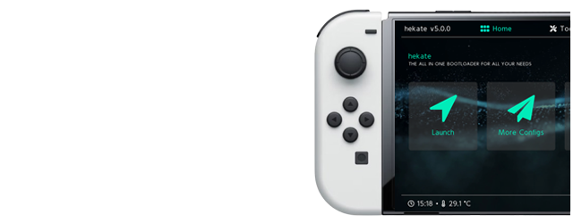 Banner featuring the Hekate bootloader for the Nintendo Switch, with a modern design, Joy-Con controllers, and a sleek black gradient background, sized 640x250 pixels.