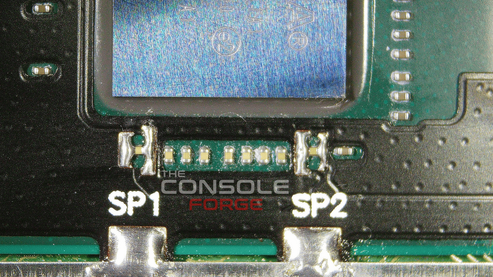 Microscope close-up photos of the Nintendo Switch Lite Tegra X1 SoC area showing the SP1 and SP2 capacitor pads before and after RP2040 ribbon cable installation, with fine solder joints secured to the capacitor points.