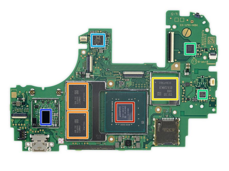 Top-down annotated overview of the Nintendo Switch Lite motherboard for RP2040 modchip installation, highlighting the Tegra X1 SoC, RAM modules, eMMC area, power management ICs, and major solder point regions used during installation.